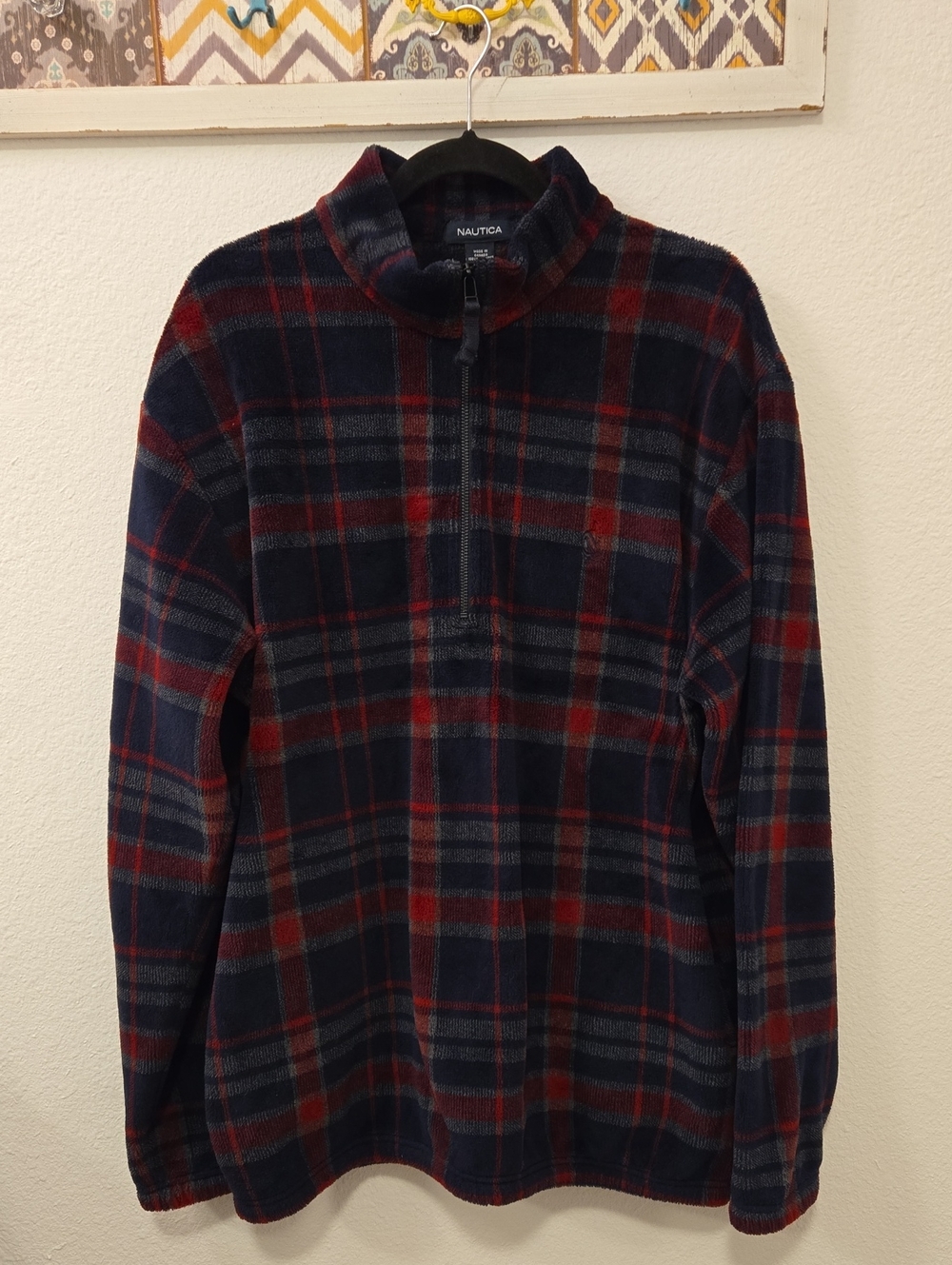 Nautica Vintage Plaid Quarter-Zip Sherpa Fleece Pullover Men's Size Large